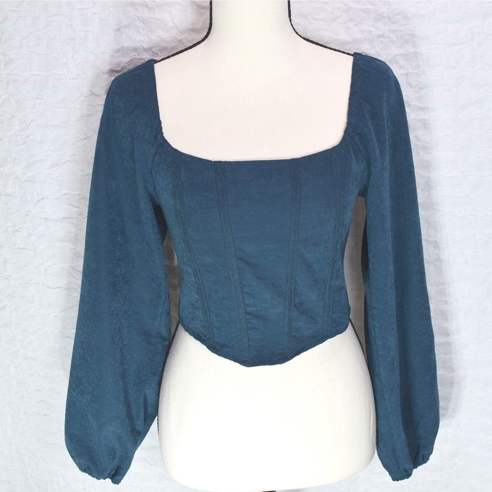 Kirious Los Angeles Teal Corset Crop Top Long Puff Sleeve Smocked Back Small